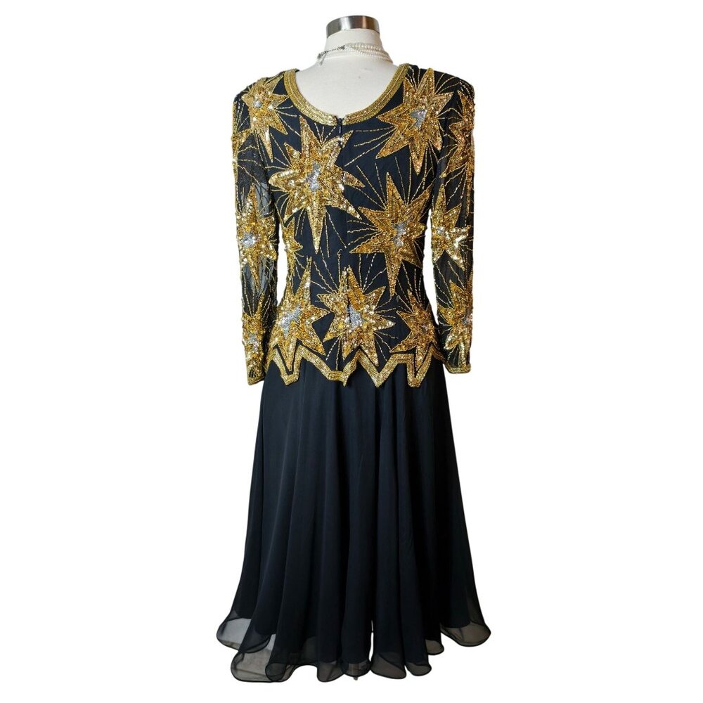 Vtg Niteline 80's 90's Evening Gown Silk Dress Black Gold Sequin Night Out